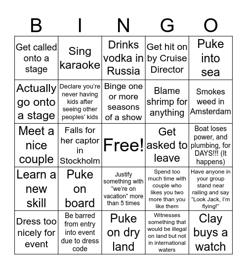 Bock's Bon Voyage Bingo Bonanza Bingo Card