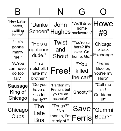 Ferris Bueller's Day Off Bingo Card