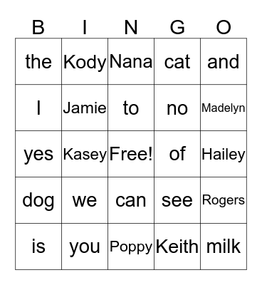 Sight Word Bing Bingo Card