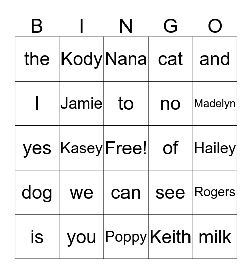 Sight Word Bing Bingo Card