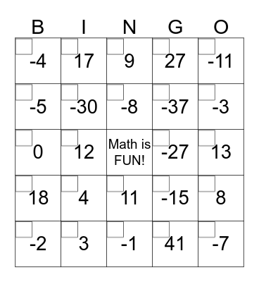 Integer Operations - Addition and Subtraction Bingo Card