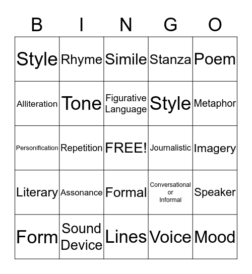 Language Arts Bingo Card