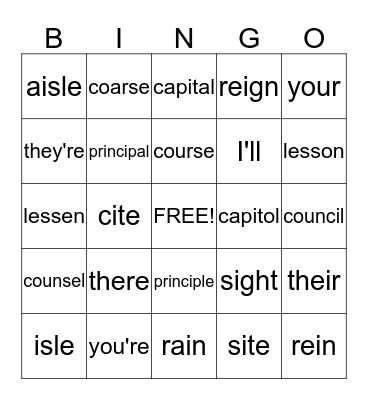 Homophones Bingo Card