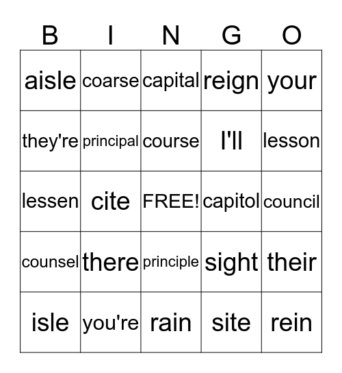 Homophones Bingo Card