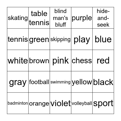 sport and colours Bingo Card