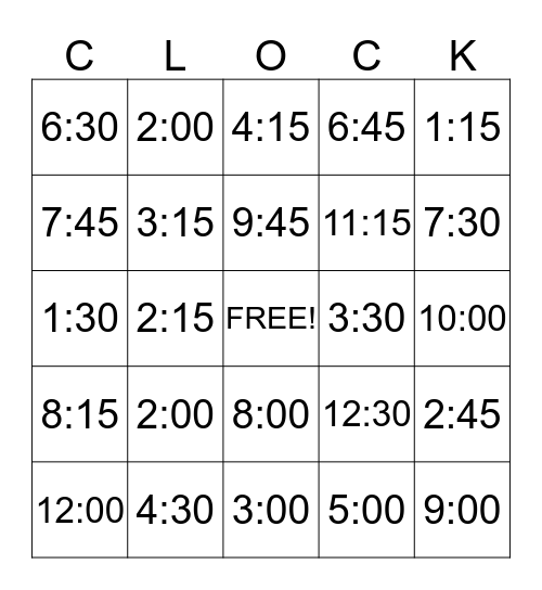 TELLING TIME BINGO Card