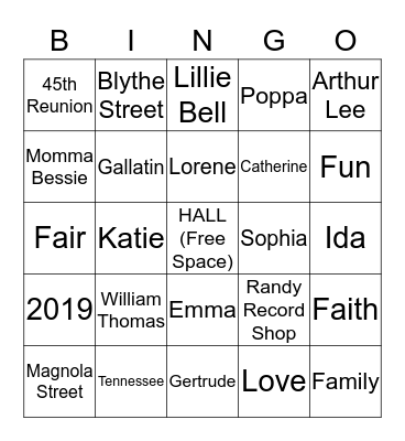 Hall Family  Bingo Card