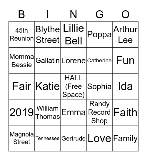 Hall Family  Bingo Card