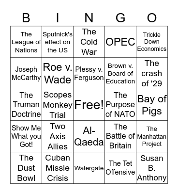 US II Bingo  Bingo Card