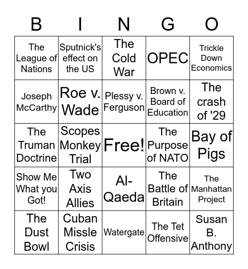 US II Bingo  Bingo Card