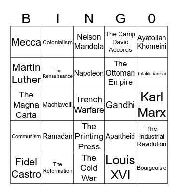 World Civilization Bingo!  Bingo Card