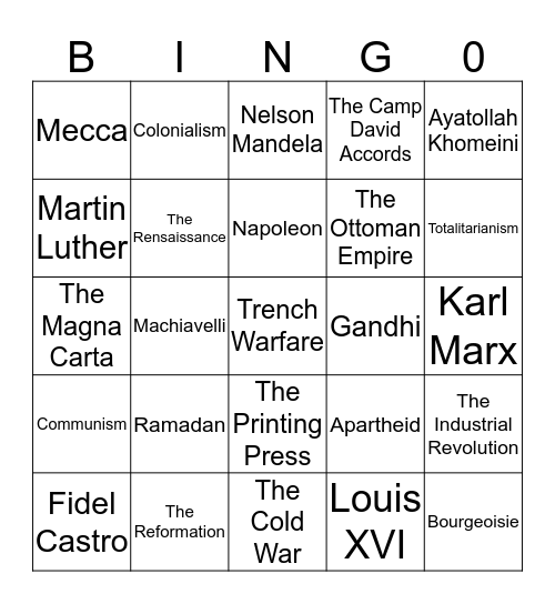 World Civilization Bingo!  Bingo Card
