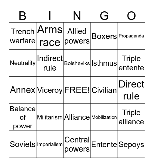 WWI vocab Bingo Card