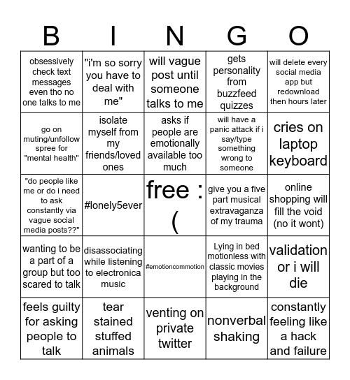 Shut the Tuck Up (depression edition) Bingo Card