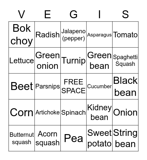 VEGIS Bingo Card