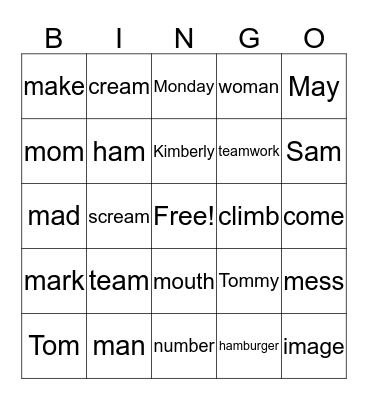 Words that contain the letter M Bingo Card