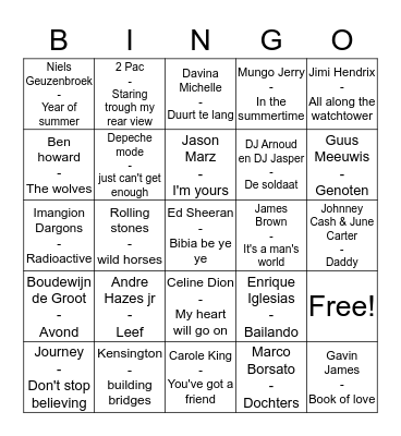 Vriendenbarbecue Muziekbingo Card