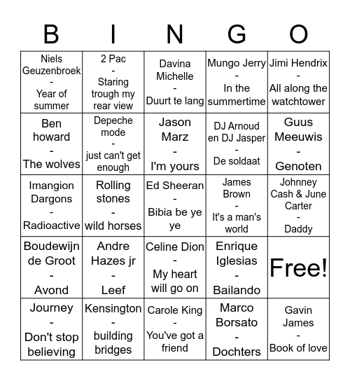 Vriendenbarbecue Muziekbingo Card