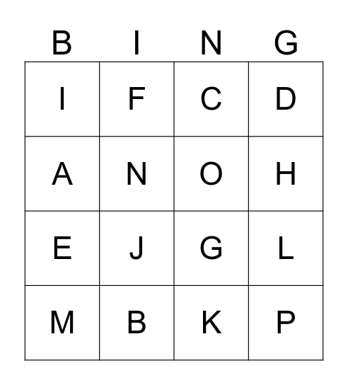 ALPHABET Bingo Card