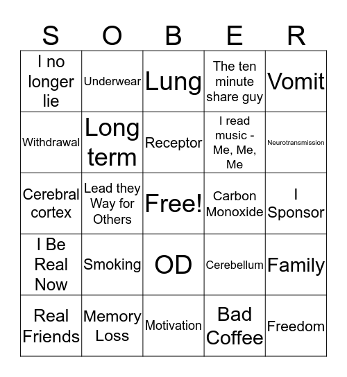 Sobriety Fun!  Bingo Card