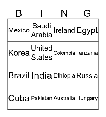 International Bingo Card