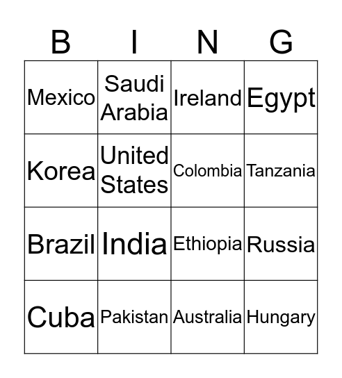 International Bingo Card