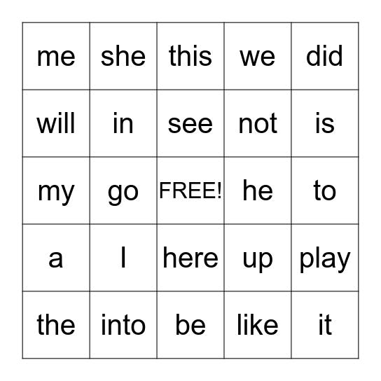 EASY SIGHT WORDS Bingo Card