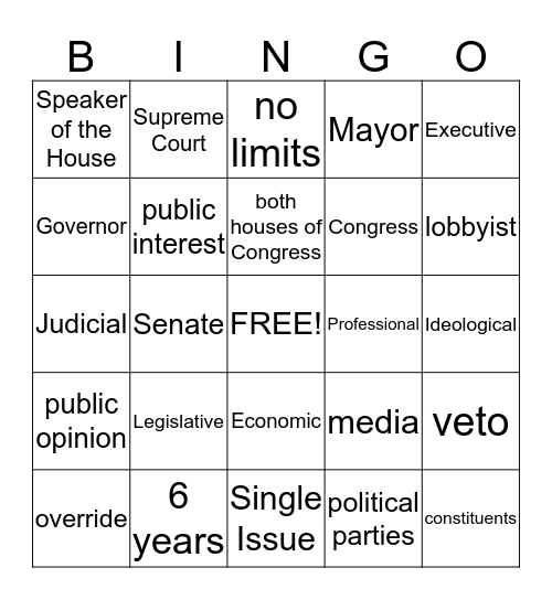 The Legislative Branch Bingo Card