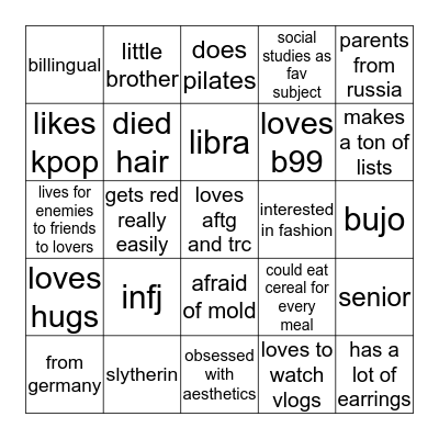 how similar are you to @studynostalgic? Bingo Card