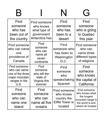 Get to know YOU Geography Bingo Card
