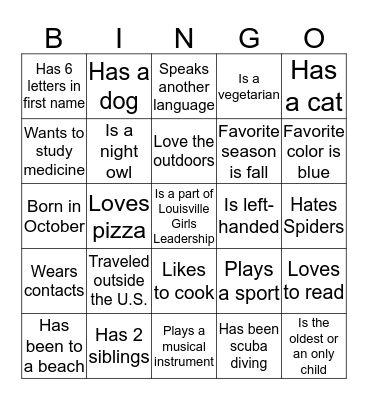 Bonding Bingo Card