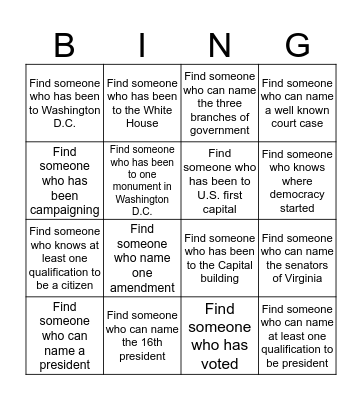 Civics Bingo Card