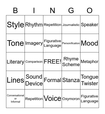 Language Arts Bingo Card