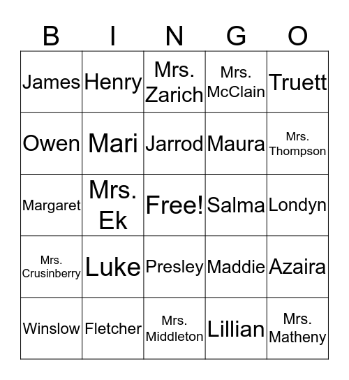 Mrs. Zarich's 1st Grade Bingo Card