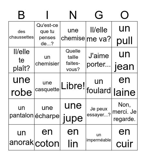 French 2 Bien Dit 1 Unit 7 - Les Vêtements Bingo Card