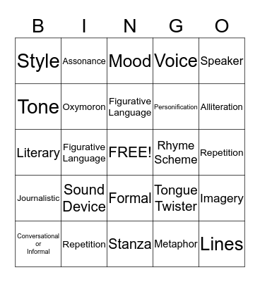 Language Arts Bingo Card