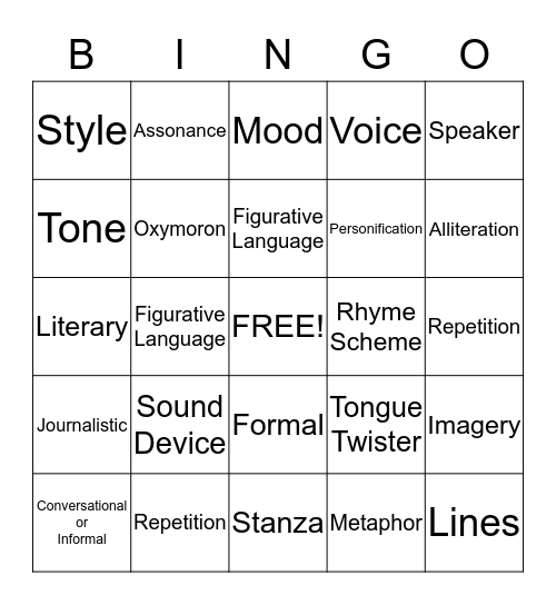 Language Arts Bingo Card