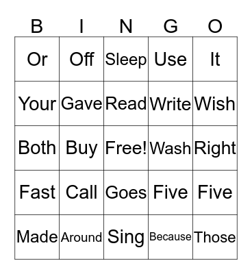 Sight Words Bingo Card