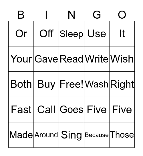 Sight Words Bingo Card
