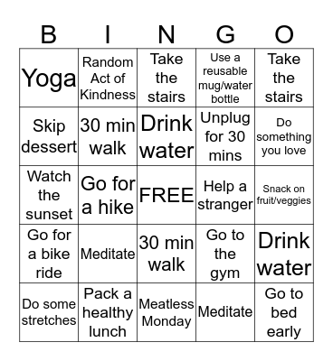 Health and Wellness Bingo Card