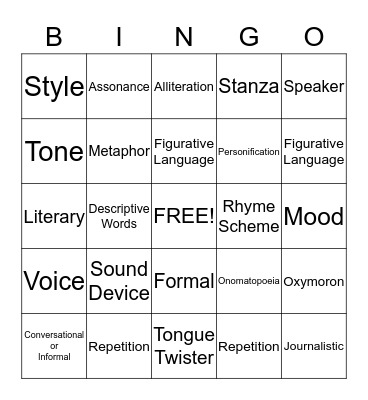 Language Arts Bingo Card