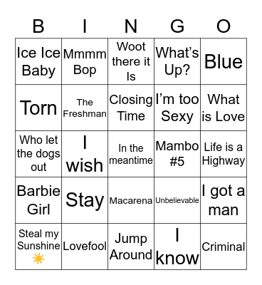 1 Hit Wonder’s 90’s Bingo Card