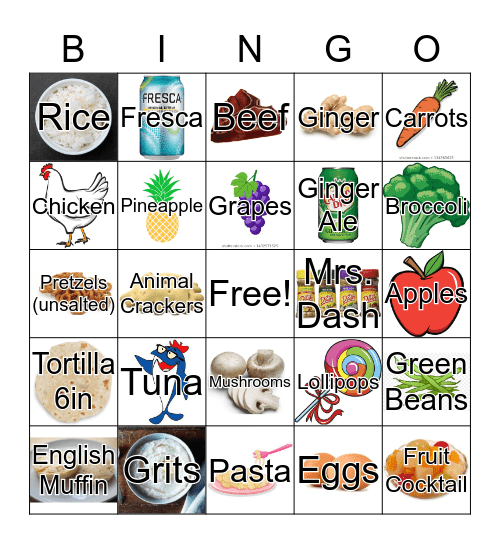 Renal Grocery List Bingo Card