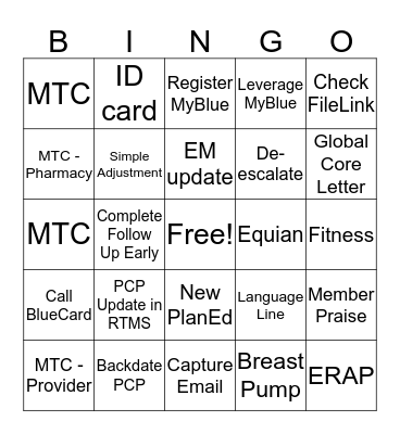 Blue Cross Bingo Card