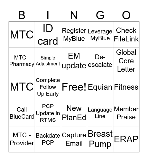 Blue Cross Bingo Card