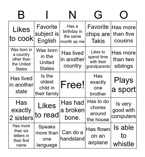 Get to Know you! Bingo Card