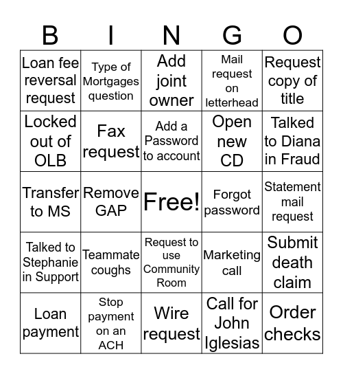 Member Connect calls  Bingo Card