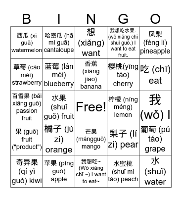 Fruit 16 Chinese Buddy Bingo Card