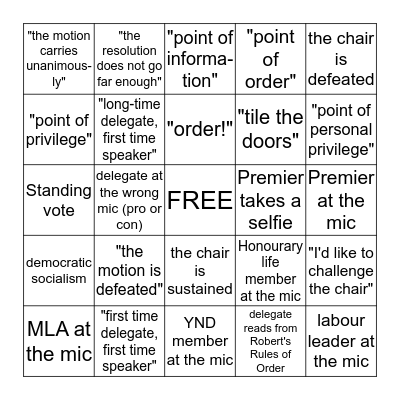 BC NDP Convention Bingo Card