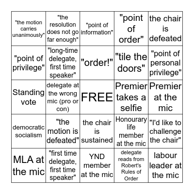 BC NDP Convention Bingo Card